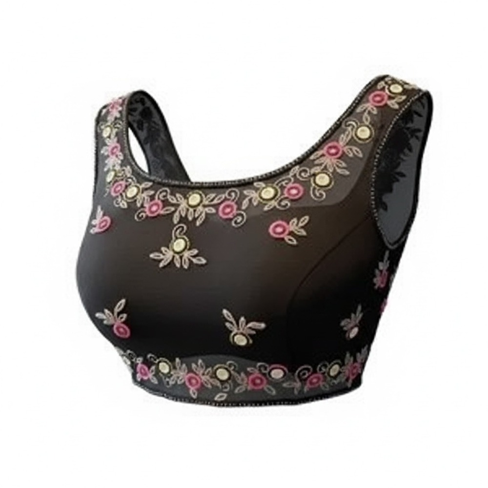 Riva Designs Women's Floral Embroidery W/Scooped Neckline Black Crop Top Size 8